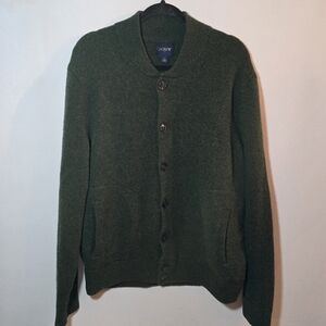 J. Crew Factory Men's Lambswool Bomber Sweater Olive Green Button Front Cardigan